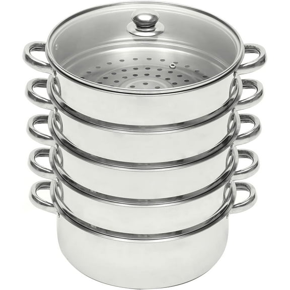5-Layer Steam Cooker  Stainless Steel Steamer Domestic Steam Pot 10.2 Inch Steamer for Cooking Food Steamer w/Glass Lid Steamer Pot Suitable for Tamale Vegetable Food Dumpling and Seafood
