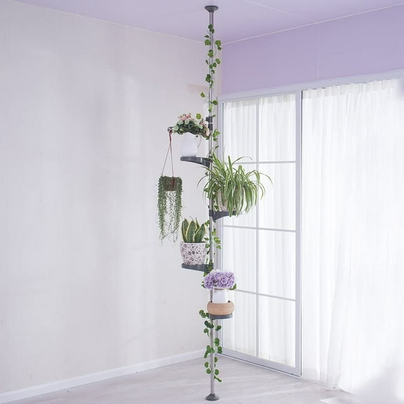 5-Layer Tension Pole Plant Stands Indoor Metal Flower Display Rack Space Saver Floral Pot Hanging Shelf ,Grey