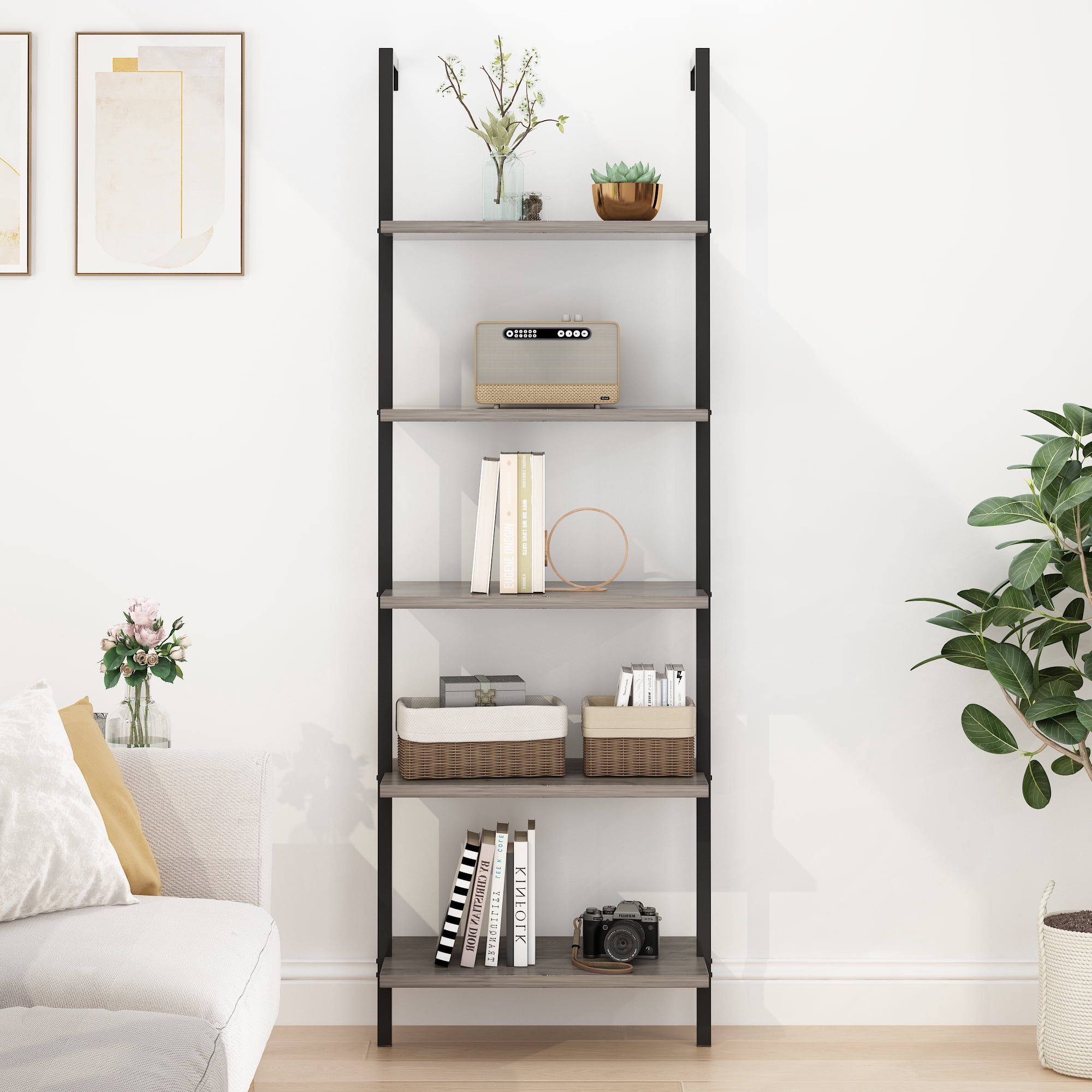 5-Layer Wall-Mounted Display Rack, Iron Frame with MDF Shelves, 24.02 x 12.01 x 72 in, Black