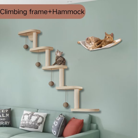5-Layer Wall-Mounted Solid Wood Cat Climbing Frame, Modular Cat Wall Furniture with 4 Balls 3 Toys, Scratching Post Stairs, Interactive Exercise for Multi-Cat Homes