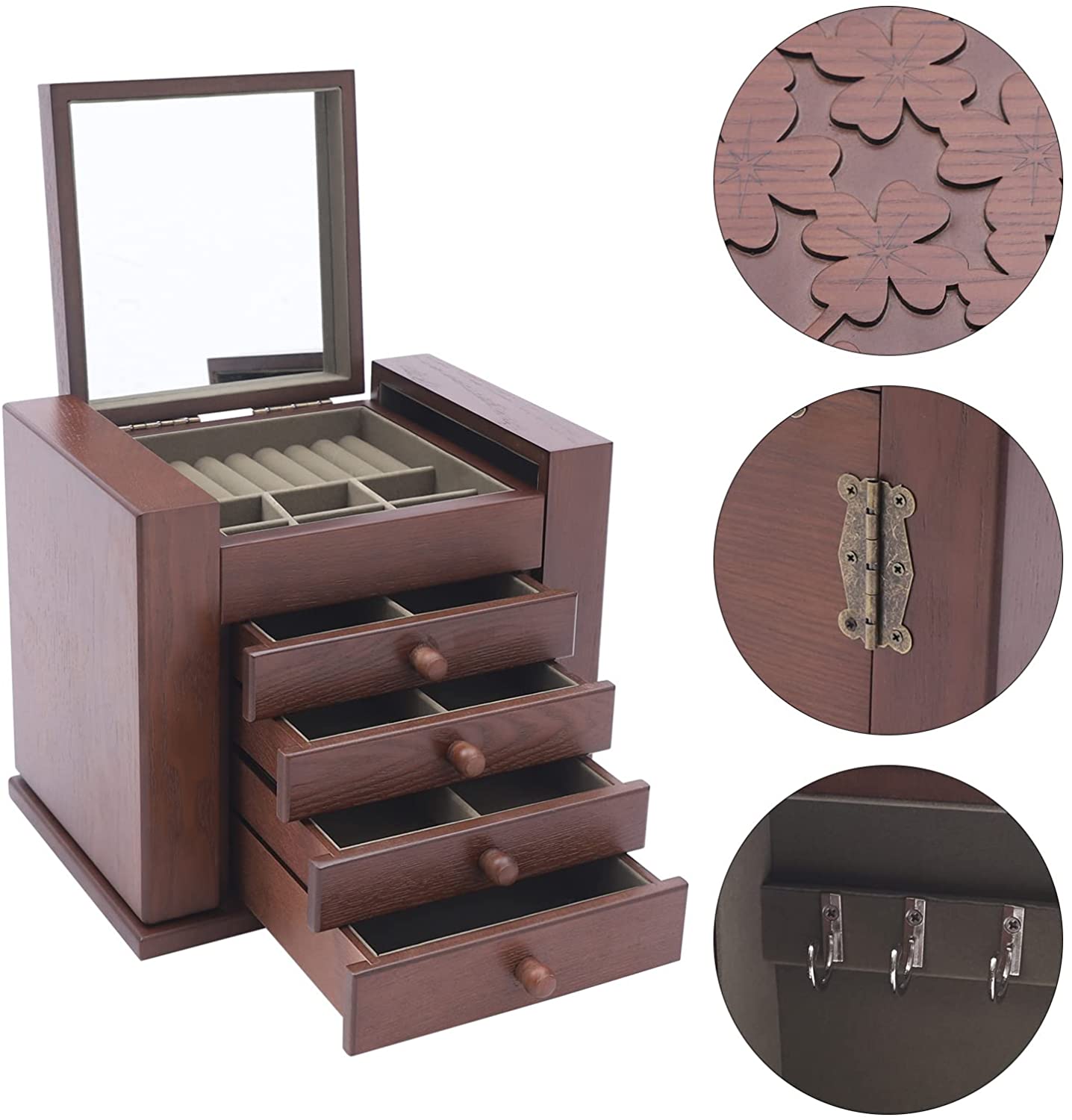 5 Layer Wooden Jewelry Box Jewelry Organizer Box with Mirror and Lock Jewelry Storage Box Case Valentine's Day Gift for Women Ring Necklace Watches