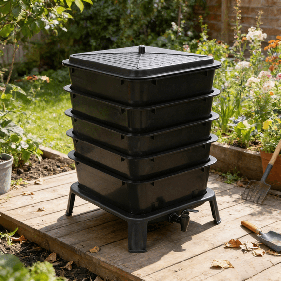 5-Layer Worm Compost Bin 50L Large Capacity Vermicomposting Kit, Stackable Worm Farm for Recycling Kitchen Food Waste, Includes Soil Meter Coconut Brick Shovel Spigot for Gardening Sustainable Living
