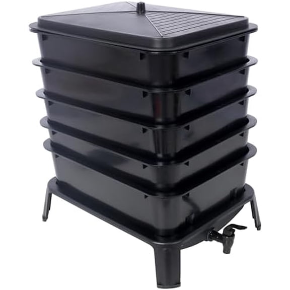 5-Layer Worm Compost Bin - 50L Worm Composter with Startup Bedding & 3 in 1 Soil Meter | Indoor & Outdoor Worm Farm Kit for Vermicomposting Starter, Recycling Food Waste Black$$Garden & Patio