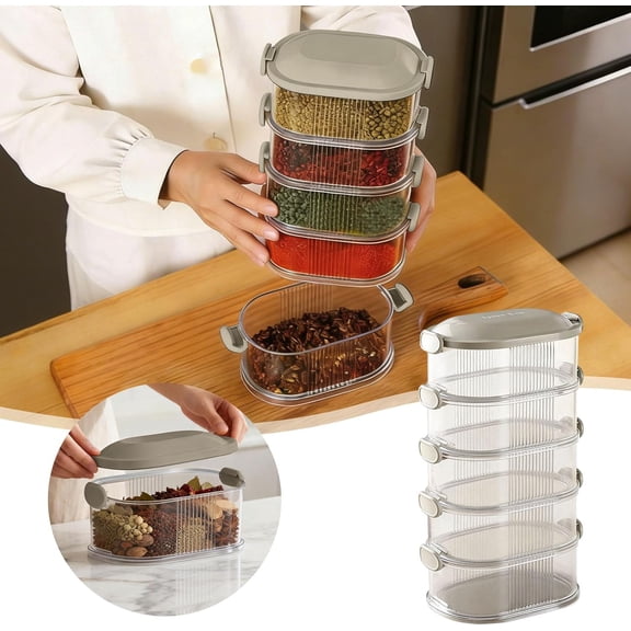 5-Layered Containers Food Stackable Canister Condiment Organizer, Food Storages Containers with Lids, Fruit Storage Containers for Fridge, Seasoning Storage Box for Kitchen Organizers