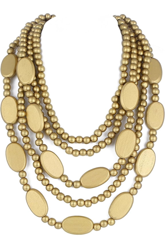 5 Layered Wood Beads Strand Statement Choker Necklace For Women, Africa Large And Small Ellipse Chunky Necklace, Ethnic Colorful Bead Layered Bib Collar Necklace Hip Hop Jewelry[o7619]