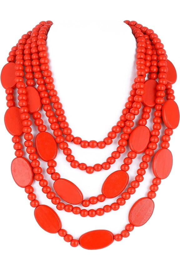5 Layered Wood Beads Strand Statement Choker Necklace For Women, Africa Large And Small Ellipse Chunky Necklace, Ethnic Colorful Bead Layered Bib Collar Necklace Hip Hop Jewelry[o7620]