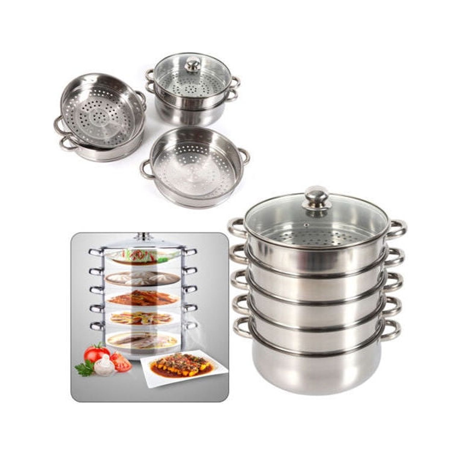 5 Layers 28cm Pot Steamer MultiLayer Cookware Pot Stainless Steel Pot w/Lid