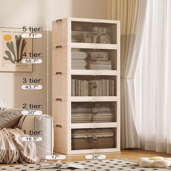 5 Layers 65cm/26 inch Width Stackable Halloween, Christmas Decoration Storage Bins With Lids And Doors Plastic Collapsible Foldable Big Capacity Storage Bins Living Room And Bedroom Stuff