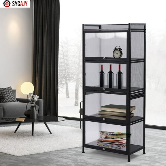 5 Layers Freestanding Kitchen Storage Shelves Metal Kitchen Cabinet Orgarnizer Backer's Rack with Clamshell Glass Doors Black/White 23.6*12.6*55.7inch