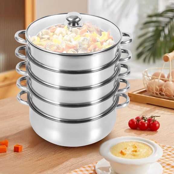 5 Layers Round Silver Stainless Steel Steam Cooker Steamer Set Pan Cook Pot with Glass Lid