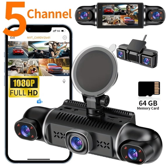 5 Lens Dash Cam 5*1080P 5G WiFi 12IR Night Vision Parking Mode G-Sensor Loop Recording 64GB Card