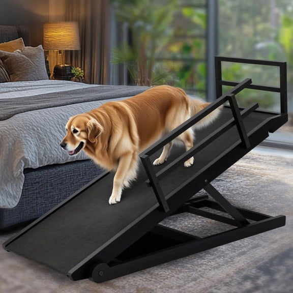 5-Level Adjustable Folding Pet Ramp for Bed, Couch, SUV Natural Wood with Safety Rails & High-Traction Rubber Mat
