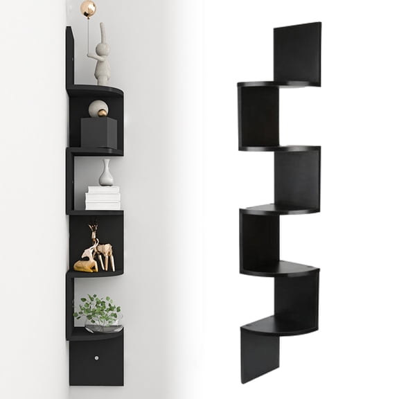 5 Level Corner Shelf Floating Wall Mounted MDF Hanging Storage Furniture for Bedroom Bathroom Toilet Black