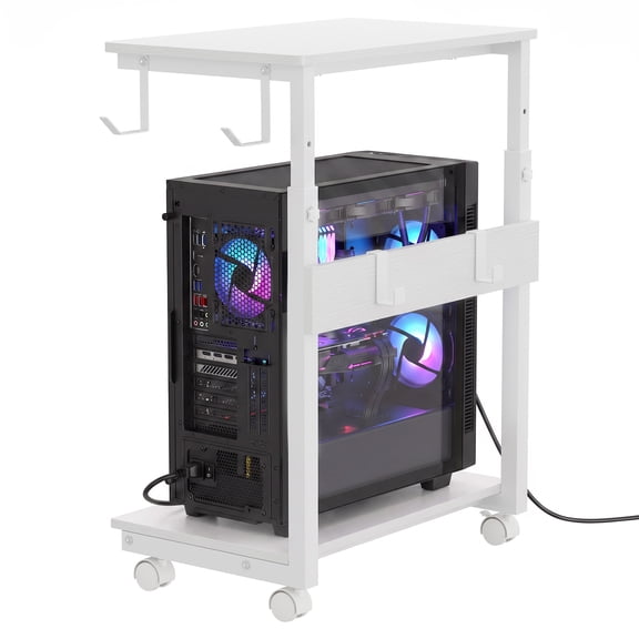 5-Level Height Adjustable Rolling CPU Cart with Locking Casters - Ventilated Carbon Steel PC Tower Stand with Cable Management for Office, Home & Gaming - White