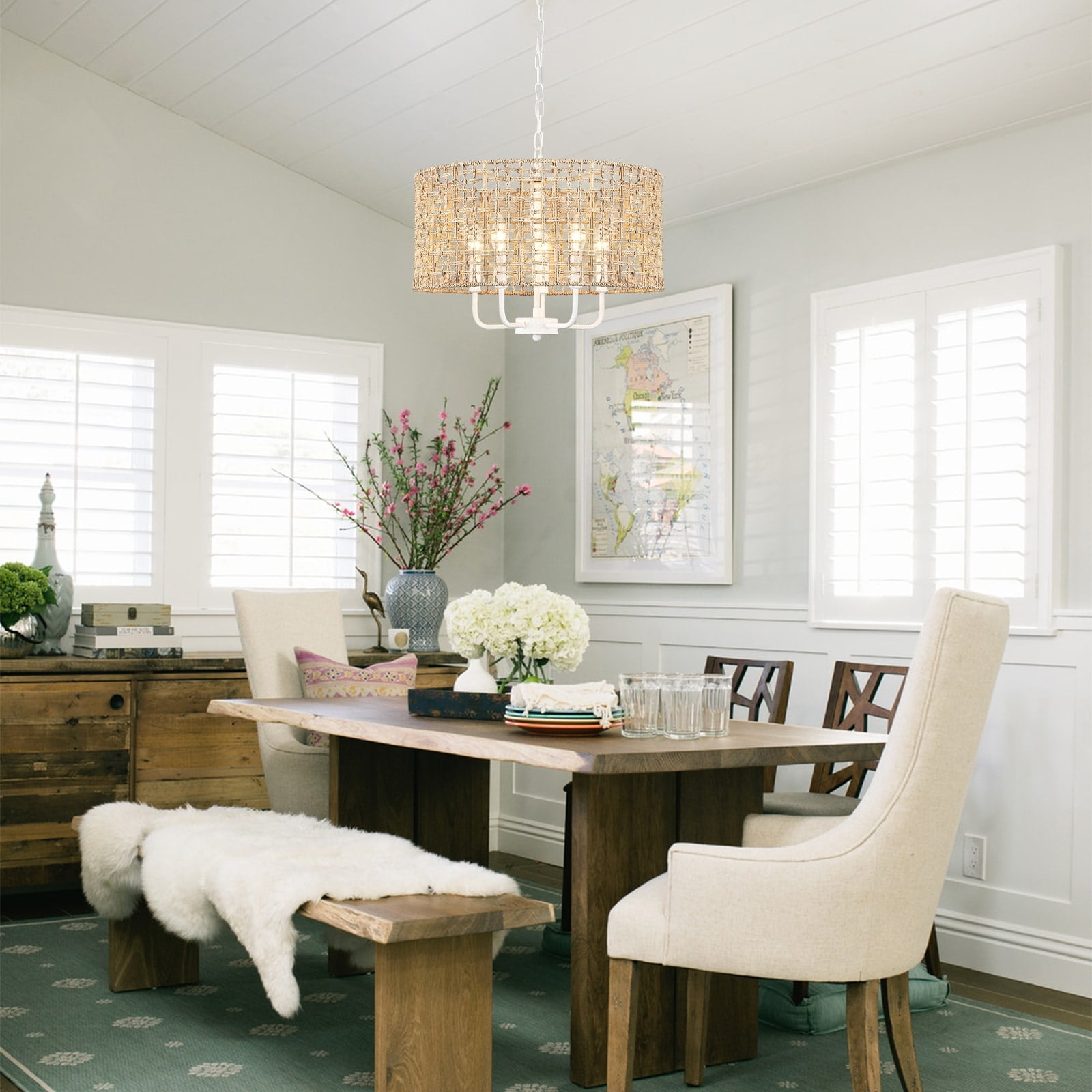 Distressed White Rattan Drum Chandelier with Adjustable Height