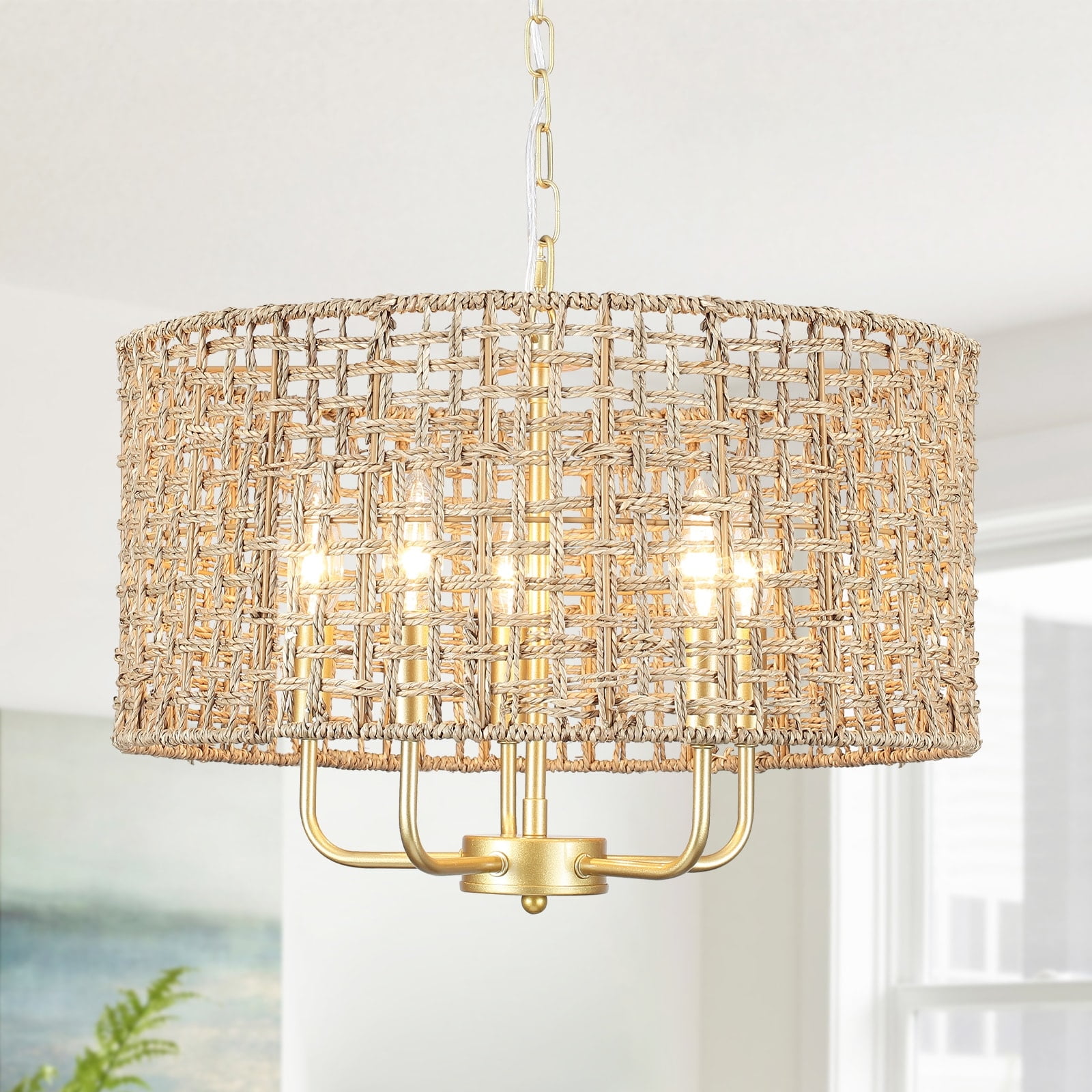 Gold 5-Light Rattan Drum Chandelier for Living Room