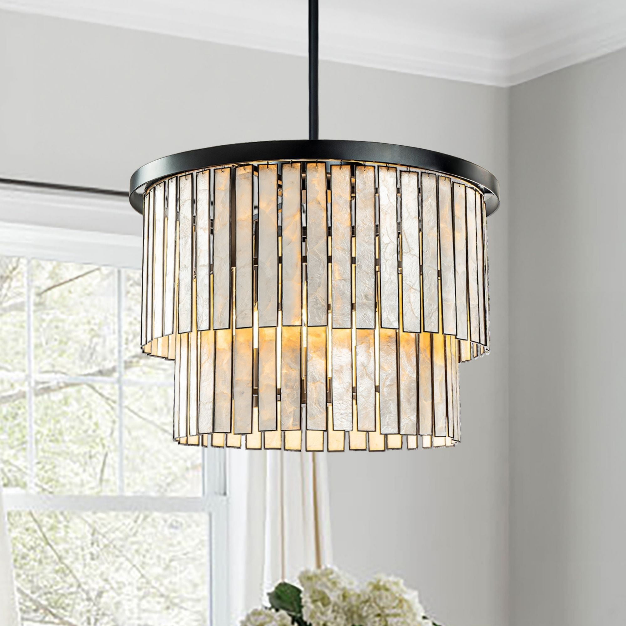 Matte Black Coastal Capiz Shell 5-Light Chandelier