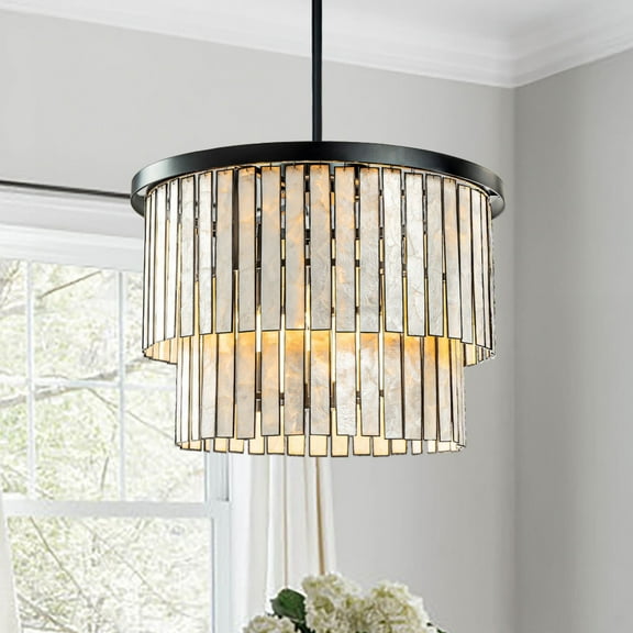 5-Light 20 in. Farmhouse Coastal Capiz Seashells Chandelier in Matte Black with Rectangular Shells Panes for Dining Room