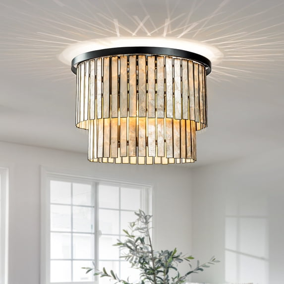 5-Light 20 in. Farmhouse Coastal Capiz Seashells Flush Mount Ceiling Light in Matte Black with Rectangular Shells Panes for Dining Room