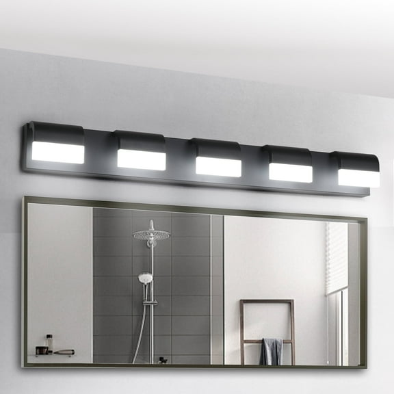 5-Light 32.3 Inch Vanity Light Fixtures , Matte Black Modern Acrylic Bathroom Wall Lighting Fixtures for bathroom lights (Cool White 6000K)