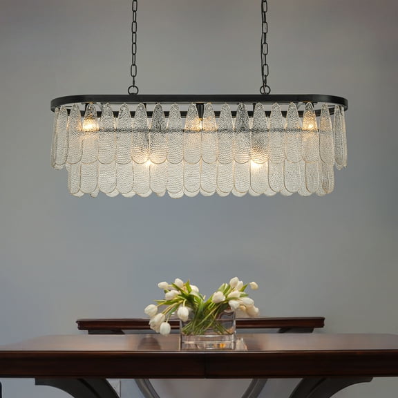 5-Light 39'' Matte Black Rectangle Elegant Textured Glass Chandelier Vintage Art Glass Pendant Light For Dining Room Ktichen Island