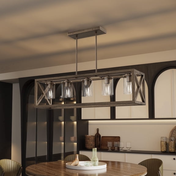 5-Light Farmhouse Kitchen Island Chandelier, Adjustable Height Wood and Metal Fixture for Dining Room, Black