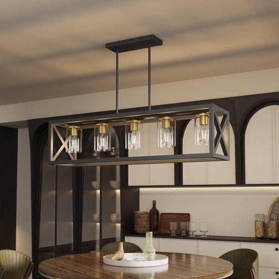 5-Light Farmhouse Chandelier, Adjustable Height Wood and Metal Kitchen Island Fixture for Dining Room Gold