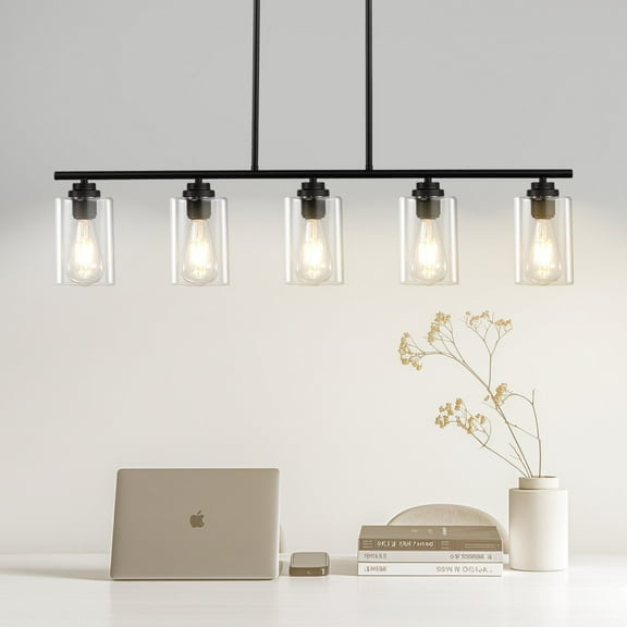 5-Light Adjustable Kitchen Island Pendant, 60W E26 Base, Modern Dining Room Lighting, Black