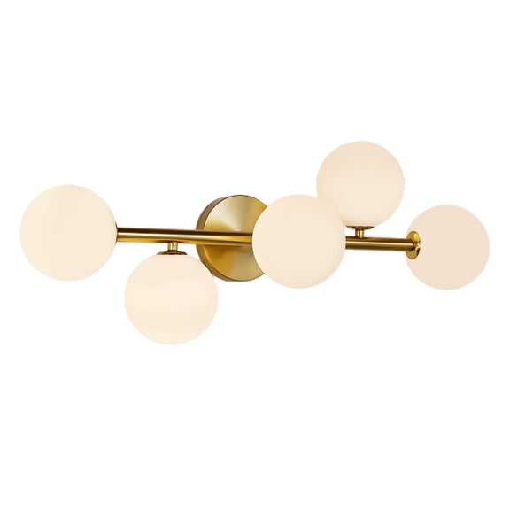 5-Light Bathroom Light Fixture, Mid Century Modern Gold, 3CCT Dimmable LED Wall Sconce, Semi-Flush Mount, with Milk Glass, for Kitchen, Dining Room, Gold