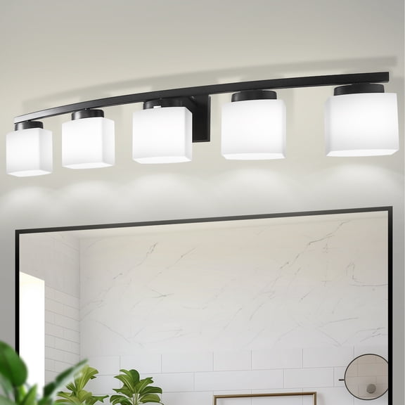 5-Light Bathroom Light Fixture with Milk Glass Shades ,YANSUN Modern Stylish Vanity Lighting Fixtures For Bathroom,Black and White