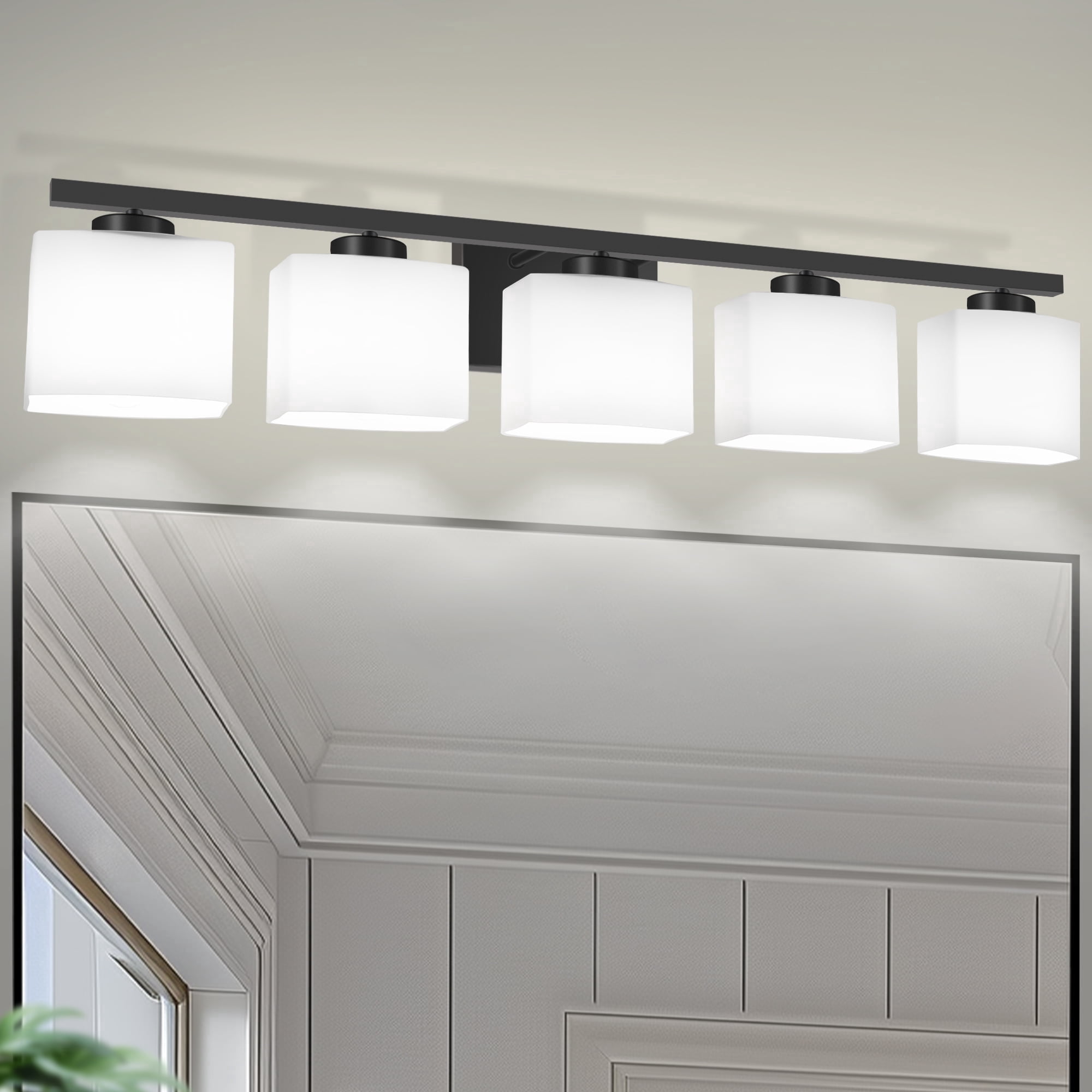 YANSUN 5-Light Bathroom Light Fixture with Milk Glass Shades , Modern Stylish Black Vanity Lighting Fixtures For Bathroom, E26 Bulb Base