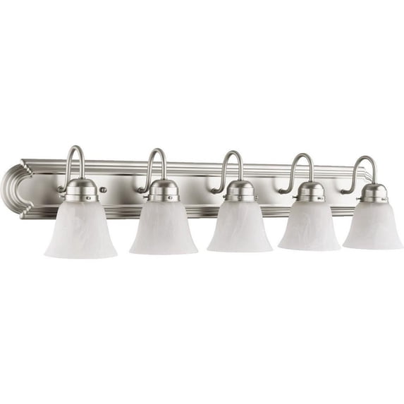 5-Light Bathroom Light with Clear Seeded Bell-Shaped Glass Shades with Oiled Bronze Back Plate 36 inches W 8 inches H-Satin Nickel Finish-Fau