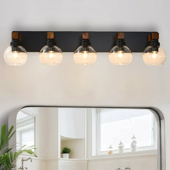 5 Light Bathroom Vanity Light Fixture,Black and Gold Bathroom Finish Over Mirror,Farmhouse Wall Sconces with Clear Glass Shade for Living Room Bedroom