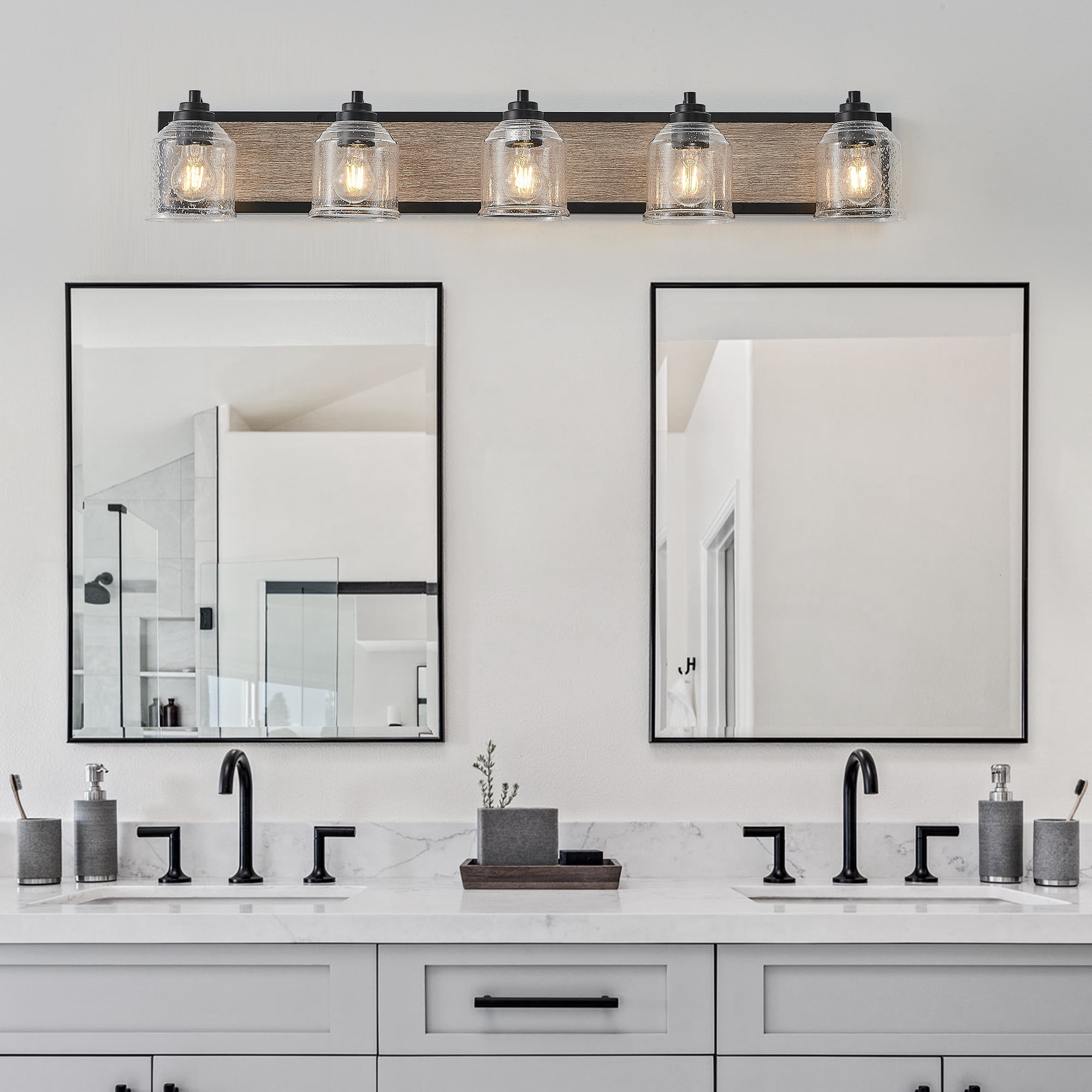 5-Light Bathroom Vanity Light Rustic Black Finish with Wood Backplate, E26, No Bulbs