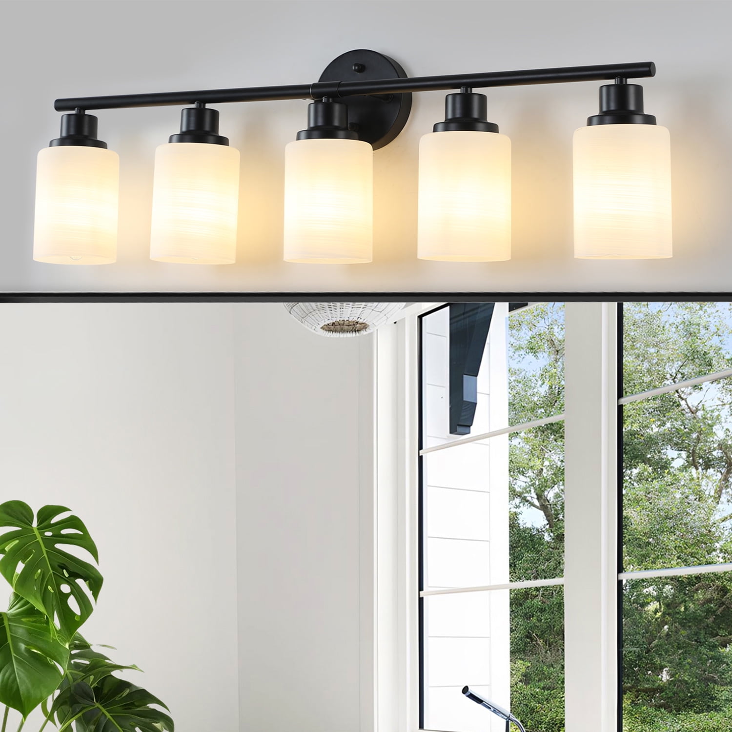 5-Light Black Bathroom Vanity Light with Frosted Glass Shades, Wall Mounted Mirror Lighting for Bathroom or Bedroom, E26 Socket (Bulbs Not Included)