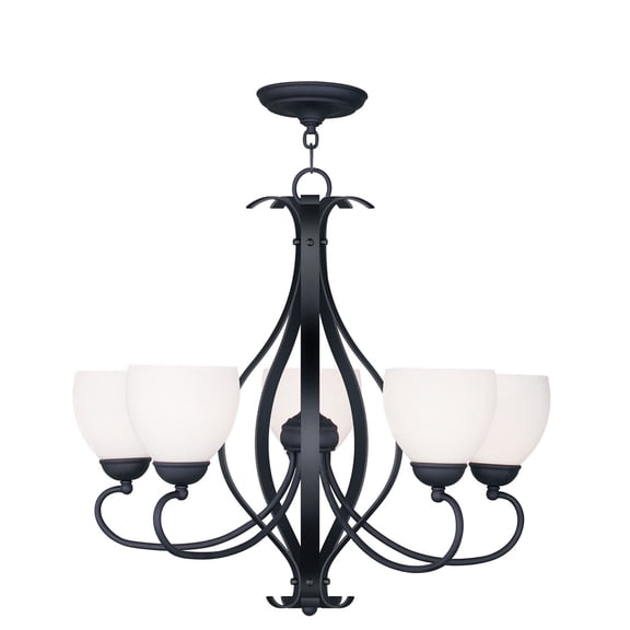 5 Light Black Chandelier with Hand Blown Satin Opal White Glass Shade