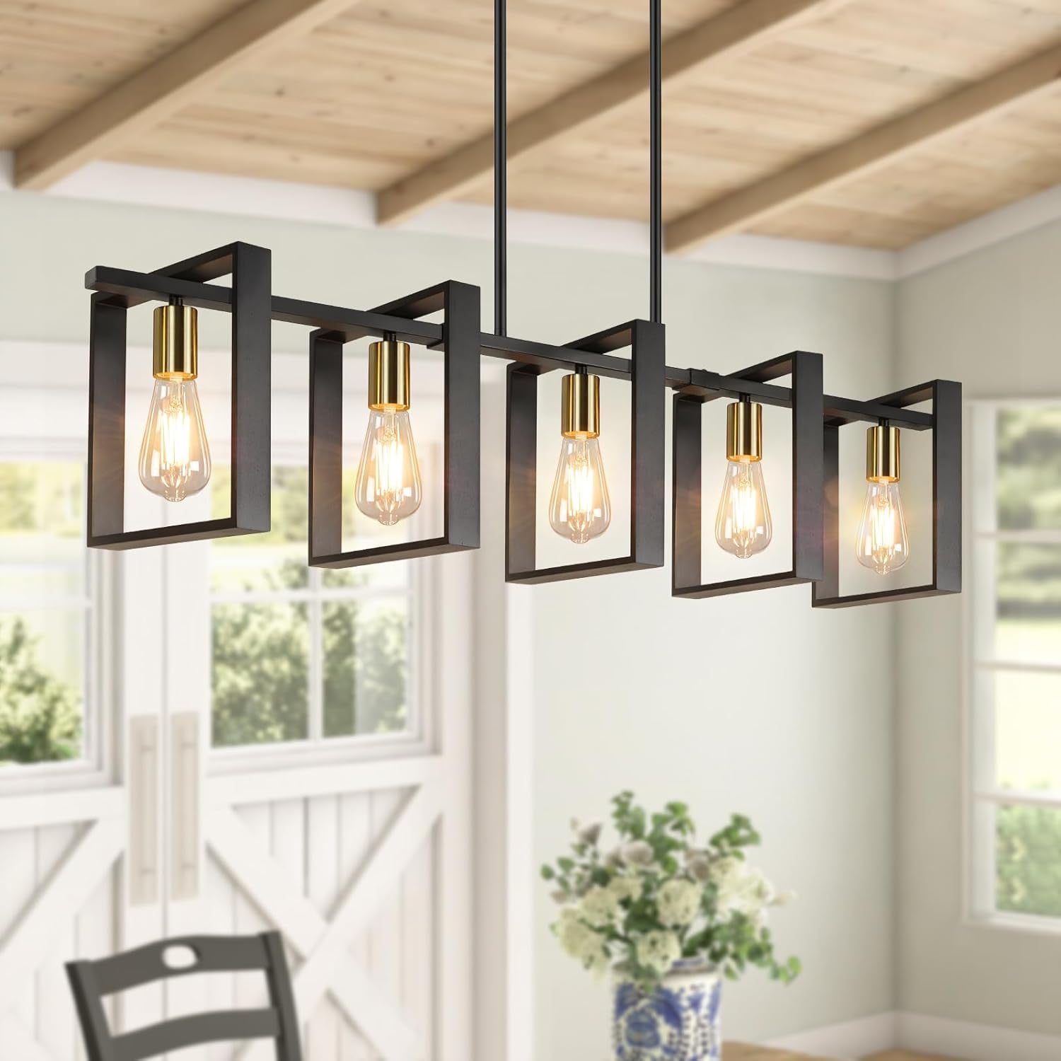 5Light Black Gold Dining Room Light Fixture, 53’’ Farmhouse Wood