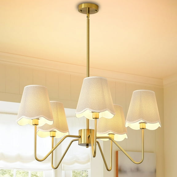 5-Light Boho Chandelier with Fabric Shades - Adjustable Brass Farmhouse Pendant Light for Kitchen Island & Dining Room