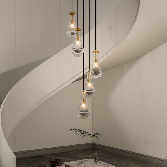 5-Light Brass Adjustable High Ceiling Chandelier, Modern Raindrop Pendant Light for Living Room, Foyer, Stairwell, E12 Base (Bulbs Excluded)