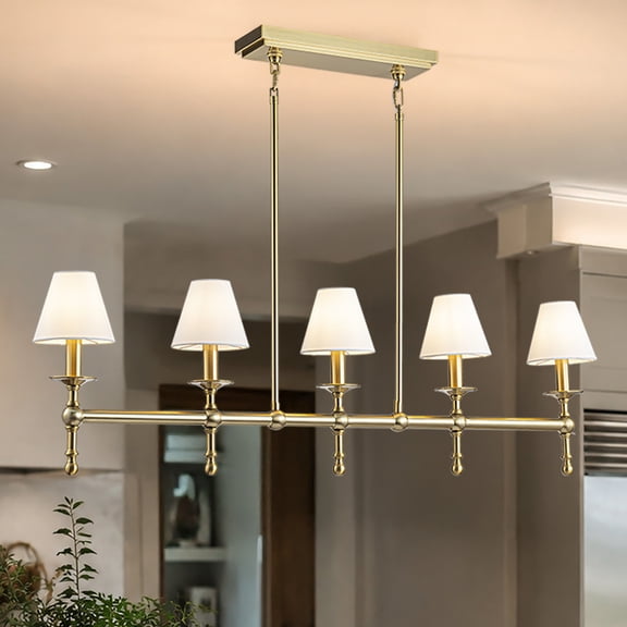 5-Light Brass Modern Linear Chandelier with Fabric Shades for Kitchen Island