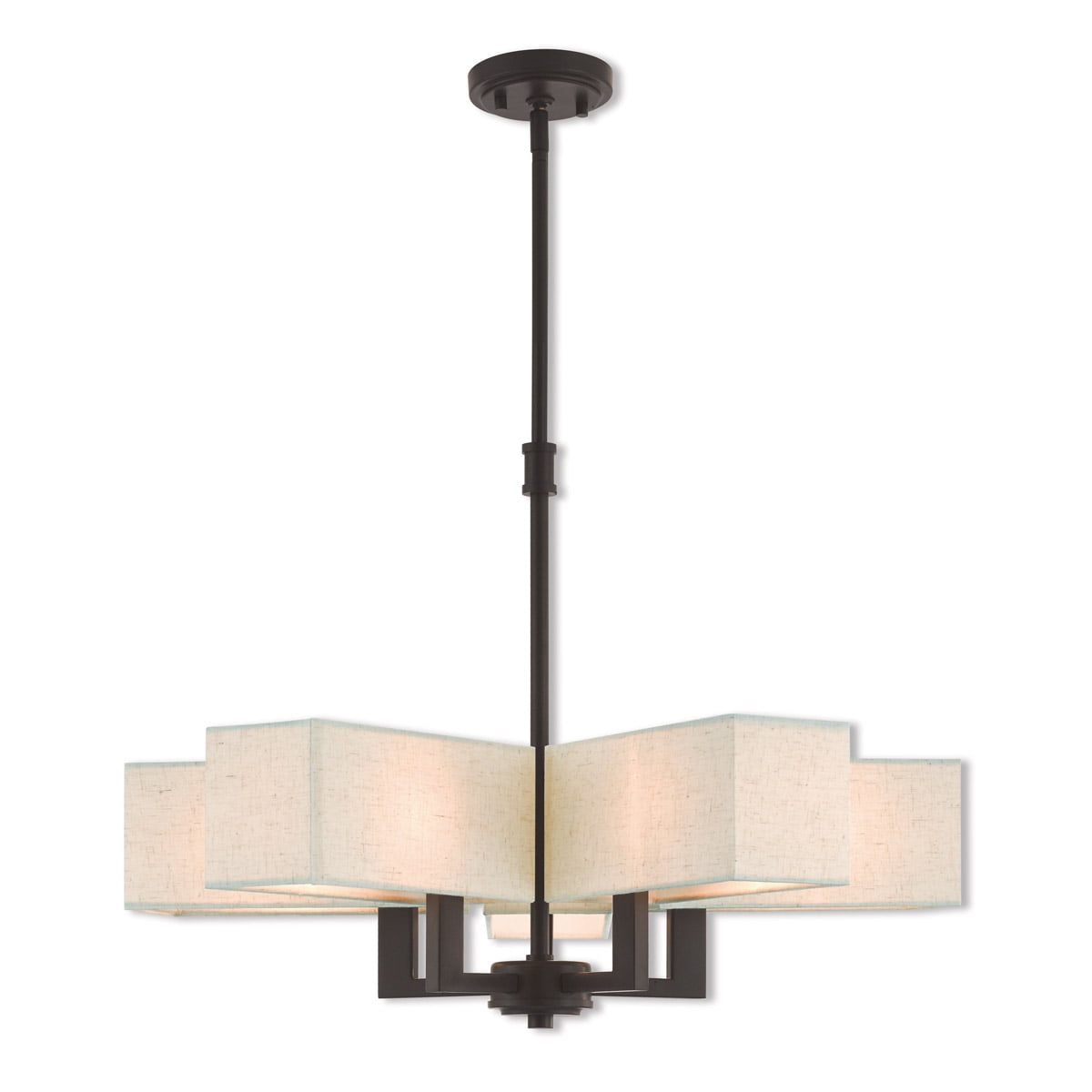 5 Light Bronze Chandelier with Hand Crafted Oatmeal Color Fabric Outside & White Fabric Inside Hardbacks Shade