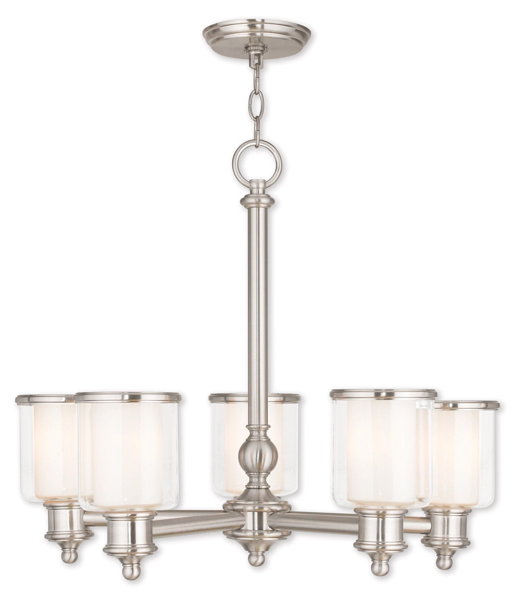 5 Light Brushed Nickel Chandelier with Clear Glass & Satin Opal White Glass Shade