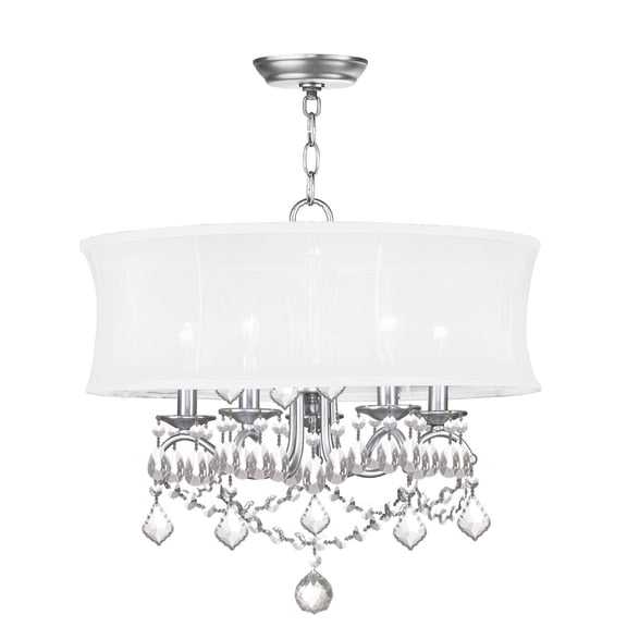5 Light Brushed Nickel Chandelier with Off White Silk Shimmer Shade