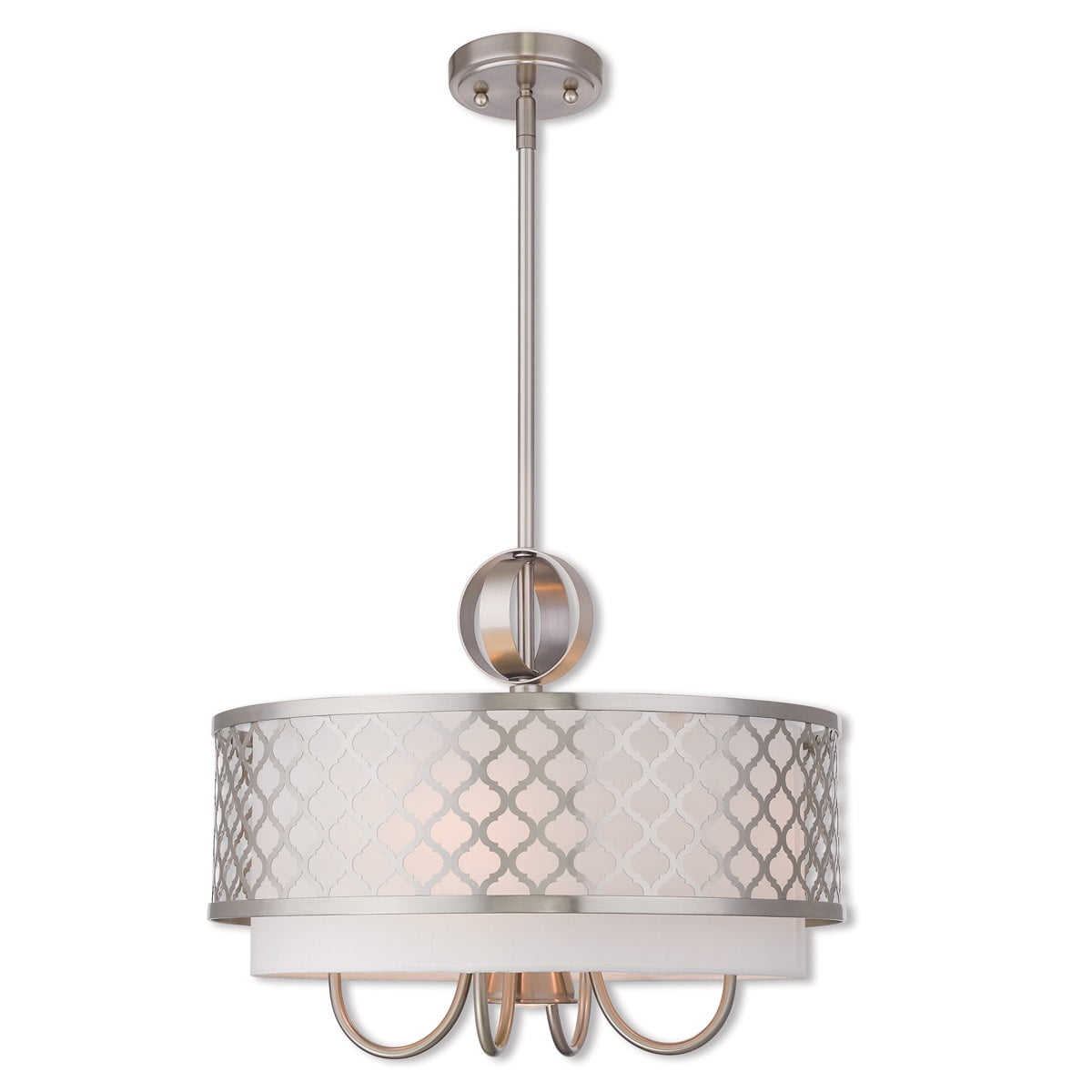 5 Light Brushed Nickel Pendant Chandelier with Hand Crafted Off-White Fabric Shade