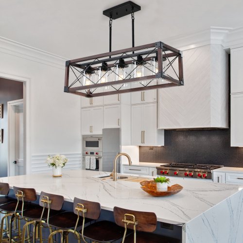 5-Light Chandelier Rectangular Light Fixture Farmhouse Island for Kitchen, Living Room, Dining Room, E26, No Bulbs
