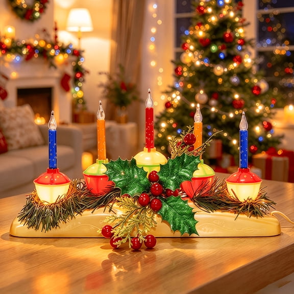 5-Light Christmas Bubble Light Centerpiece, Vintage Multicolor Bubbling Christmas Candle Lamp with E12 Base Bulbs, Retro Holiday Tabletop Decoration for Home, Window and Mantel