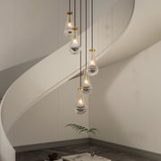 5-Light Cluster Pendant Light, Brass Modern Raindrop Glass Chandelier, Adjustable Height High Ceiling Hanging Light for Living Room Foyer Stairwell Kitchen Island, E12 Bulbs Not Included