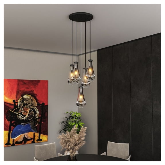 5 Light Cluster Pendant Lights, Black Modern Chandelier Adjustable Height, Raindrop Glass Kitchen Island Lighting, Foyer Stairwell Bedroom