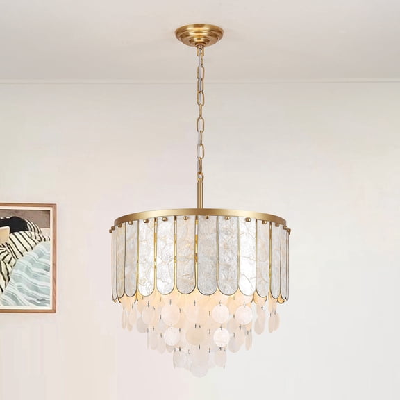 PUZHI HOME 5-Light Gold Coastal Chandelier with Capiz Shells for Living Room, Foyer & Dining Room