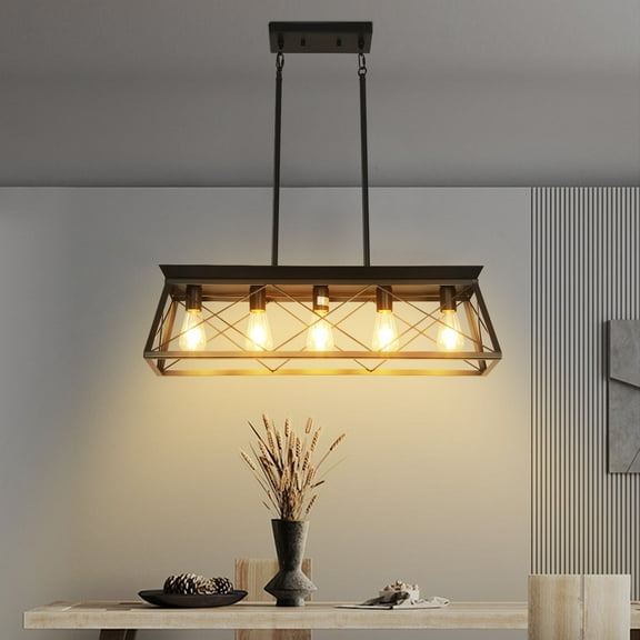 5-Light Dining Room Chandelier Light Fixtures,Farmhouse Rustic Vintage Antique Linear Chandeliers Pendant Ceiling Light Fixture with Adjustable Height, Black for Kitchen Island Bar Office Coffee Shop